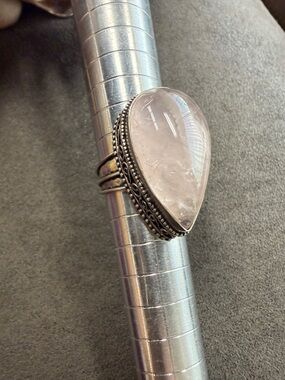 Sterling Silver Large Teardrop Cabochon Rose Quartz ring in 925 Filigree setting